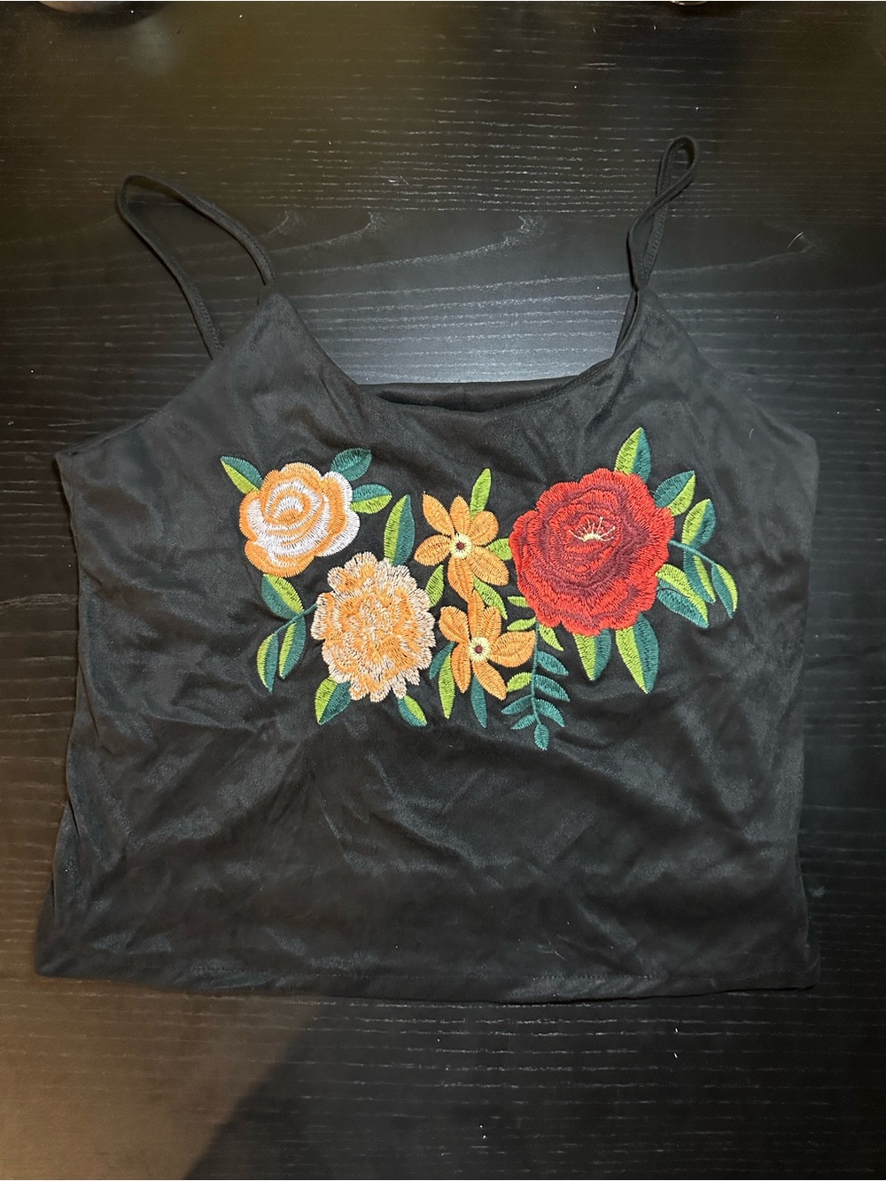 Women’s Black Suede Floral Embroidered Cami Tank Top
